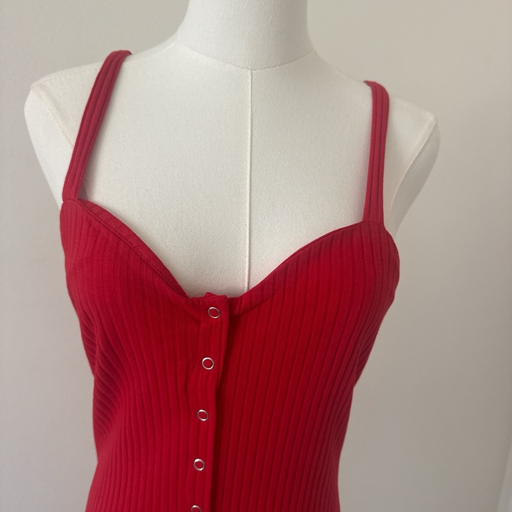 Zara Red Ribbed Button-Front Midi Dress - Picture 2 of 4